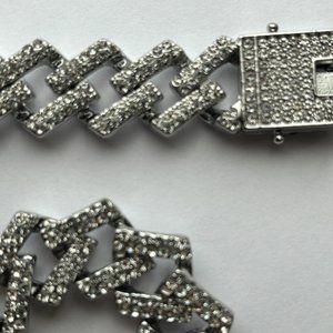 Fifth Avenue Cuban Link Chain White Gold Round Cut Rhinestone Necklace 22 Inch